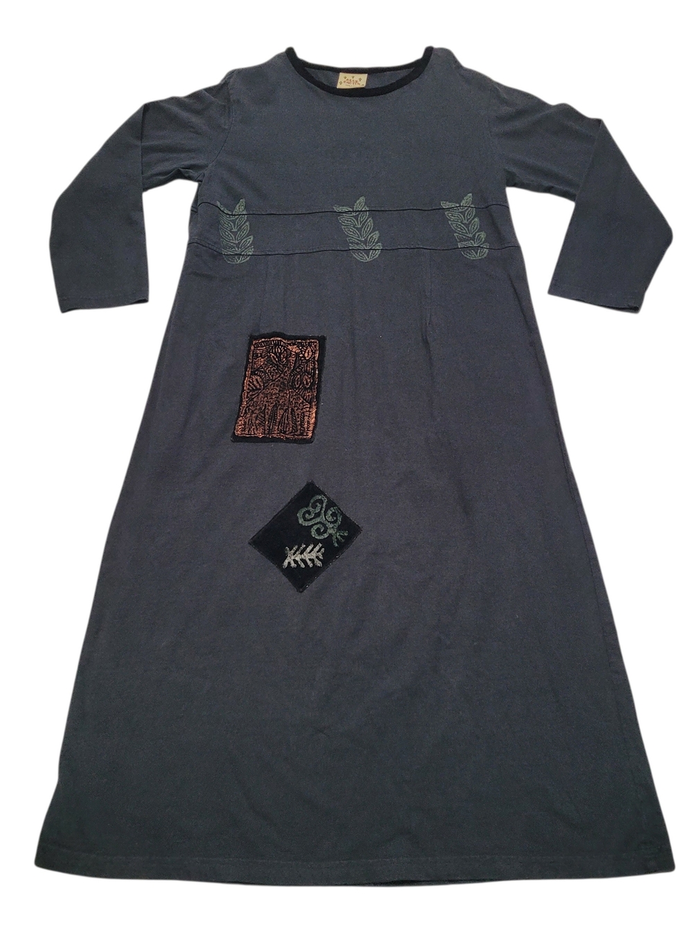 Vintage 90s Blue Cactus Modest Dress Women Black Cotton Art To Wear Patches USA